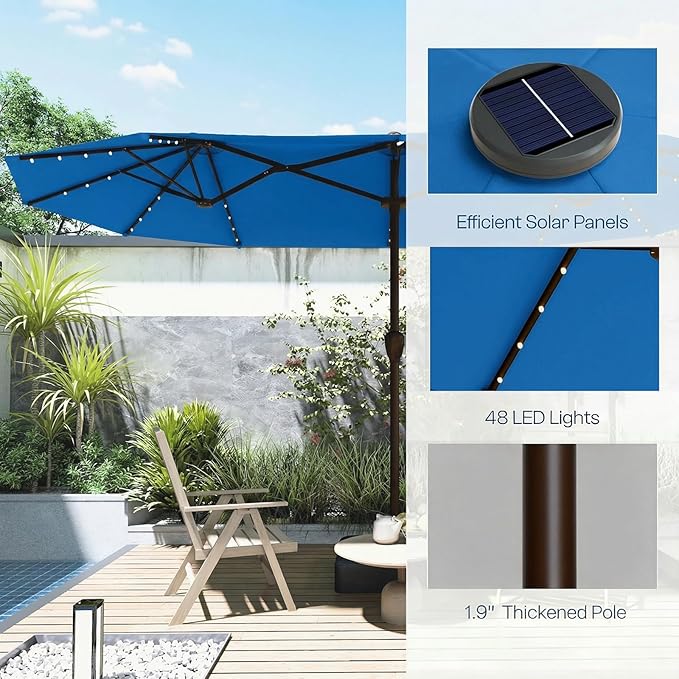 Large Patio Umbrella with Solar Lights and Base, Double-Sided Outdoor Rectangle Umbrella with 48 LED Lights, Market Table Umbrellas with UV Resistant Canopy