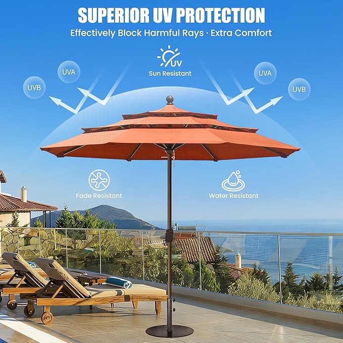 EliteShade USA 10-Year-Non-Fading 11ft 3-Tier Market Patio Umbrella, Commercial Grade Outdoor Table Umbrella with Crank Open, Windproof & UPF 50+ UV Protection, Heavy Duty Ventilation for Garden, Deck, Pool, Backyard, Beach & Bistro, No Tilt, Rust