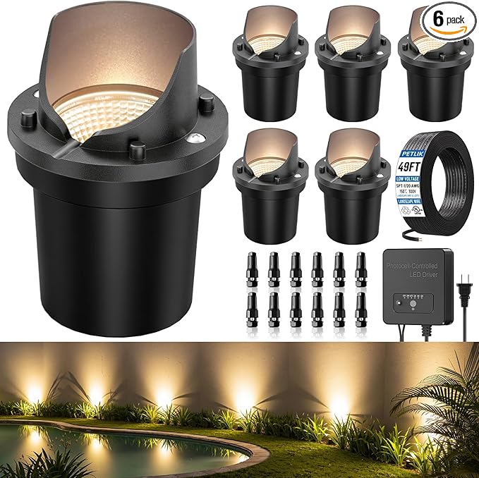 All-in-One Low Voltage Landscape Lighting 12W LED Well Lights IP67 Outdoor In-Ground Lights Waterproof with 96W Transformer, 2700K Warm White Pathway Lighting for Yard Garden, 6 Pack