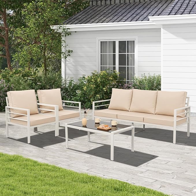 4-Piece Patio Furniture Set White Outdoor Metal Frame Sofa with High Backrest Seating Glass Coffee Table All-weather Metal Patio Conversation Set with Non-slip Cushions and Waterproof Covers, Khaki