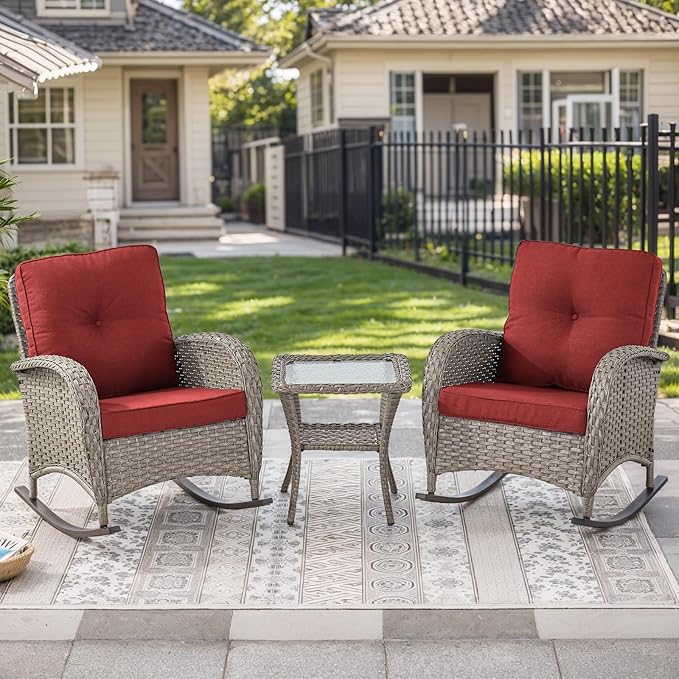 HUMMUH Outdoor Bistro Set-High Back Outdoor Rocking Chair with Side Table Patio Table and Chairs Set for Deck Lawn Porch Balcony Poolside-Grey/Red