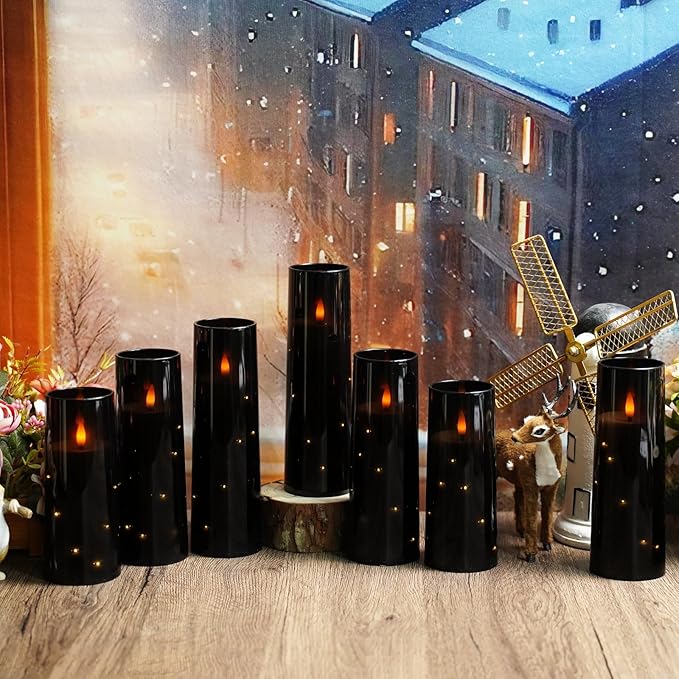 kakoya Flameless LED Candles with Timer 9 Pc Flickering Flameless Candles for Romantic Ambiance and Home Decoration Stable Acrylic Shell,with Embedded Star String,Battery Operated Candles（Black）