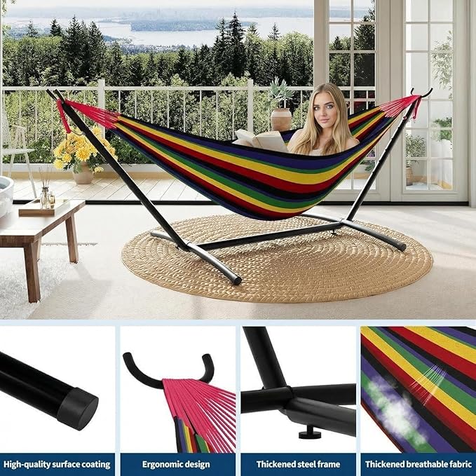 Double Hammock with Steel Stand, Outdoor Portable Hammocks Accommodates with 450Lb Capacity 2 People& Portable Carry Bag for Outside Camping Garden Yard,Rainbow
