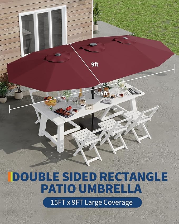 15FT Solar Patio Umbrella with 36 LED Lights, Weighted Base Included, Tilt and Crank Market Umbrella for Backyard, Garden, Deck, Pool, Beach