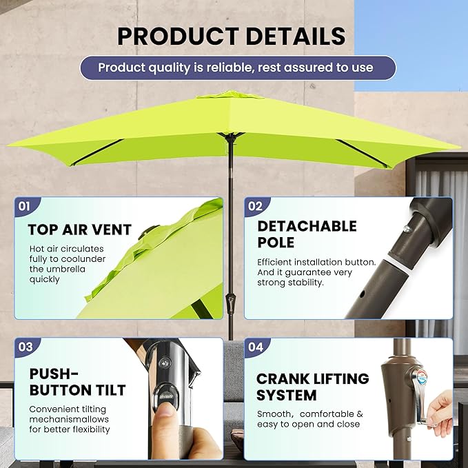 Ayge 6.5x10FT Rectangular Patio Umbrella Outdoor Table Umbrella w/Push Button Tilt & Crank Rectangle Market Umbrella UV Protection for Garden,Deck,Lawn,Yard & Pool,Lime