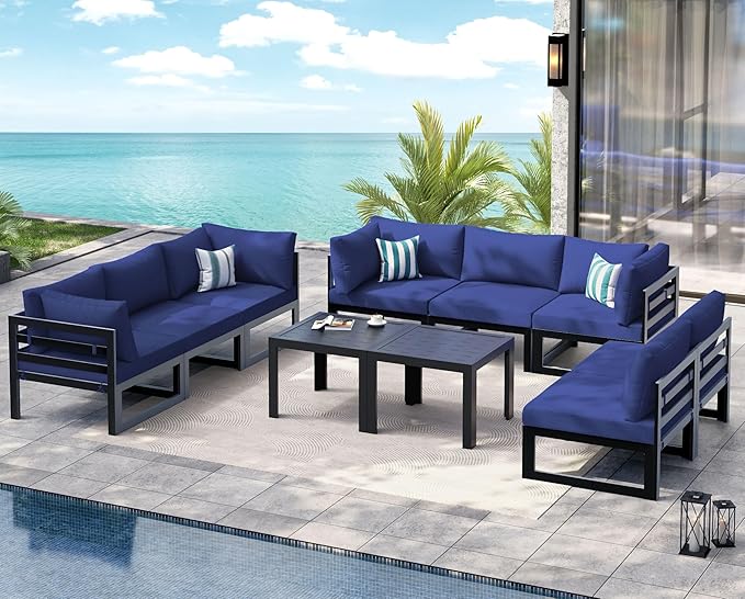 NICESOUL 10 Piece Oversized Modern Aluminum Patio Furniture Set, All Weather Rust Resistant Modular Sectional Sofa with Side Table, 500 lbs Heavy Duty Comfortable Outdoor Couch for Backyard, Navy Blue