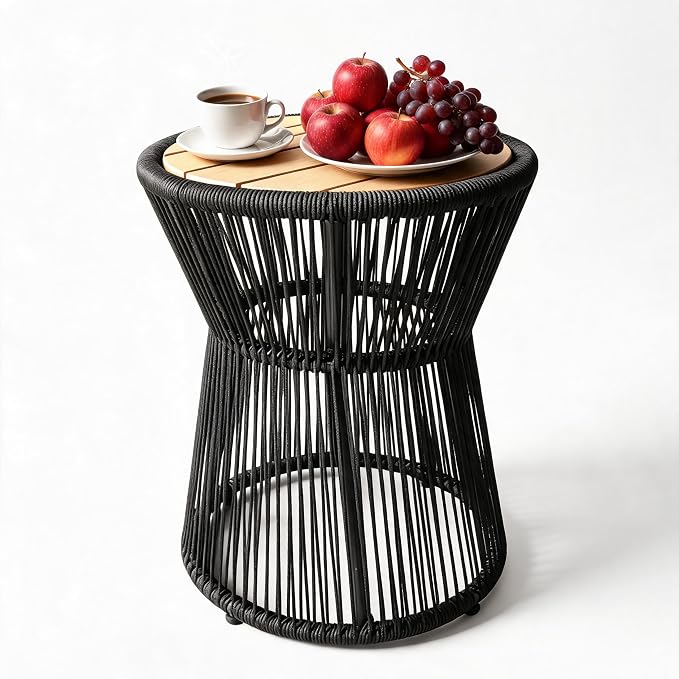 PeakPursuit Outdoor Side Table, Small End Table with Wooden Top, Woven Rope Round Coffee Tables for Patio Balcony Poolside