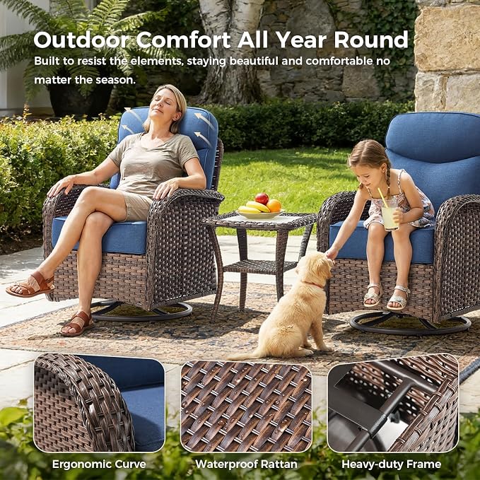 Luxury Patio Furniture Set with Fire Pit Table, Outdoor Furniture Set with High Back Swivel Chairs & 6-inch Thick Cushions, 8 PCS Fire Pit Patio Set for Yard, Deck, Poolside, Brown/Blue