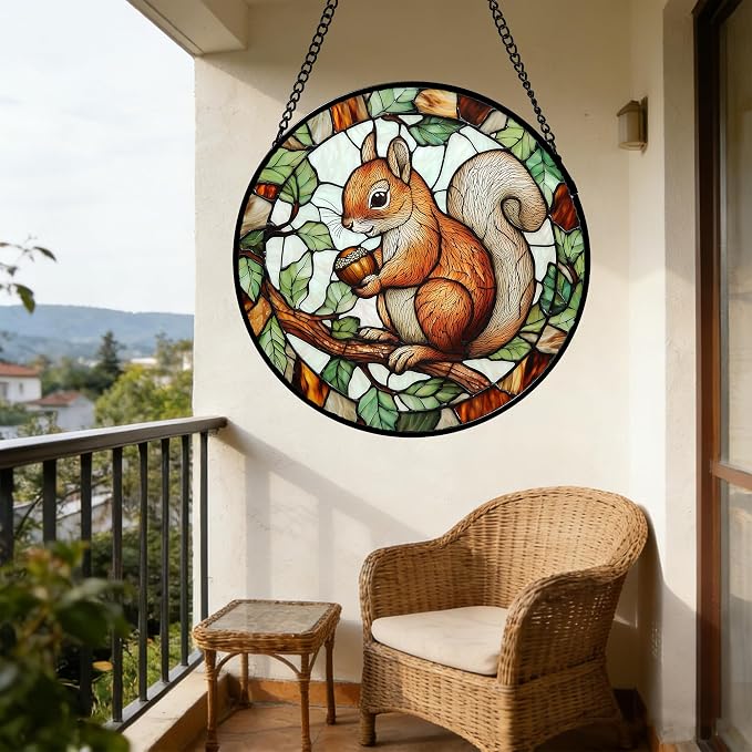 DASTOLL Stained Glass Window Hanging, Squirrel on a Branch Suncatcher Diamond Glass Panel Animal Sun Catchers Decor for Birthday for Women, Men, Wife, Aunt, and Mom 7.8 in