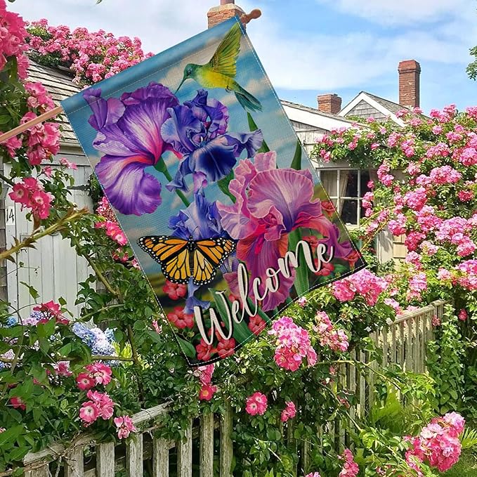 Hzppyz Welcome Spring Hummingbird Iris Garden Flag Double Sided, Purple Flower Bird Yellow Butterfly Decorative House Yard Outdoor Small Decor, Summer Floral Arrangement Home Outside Decoration 28x40
