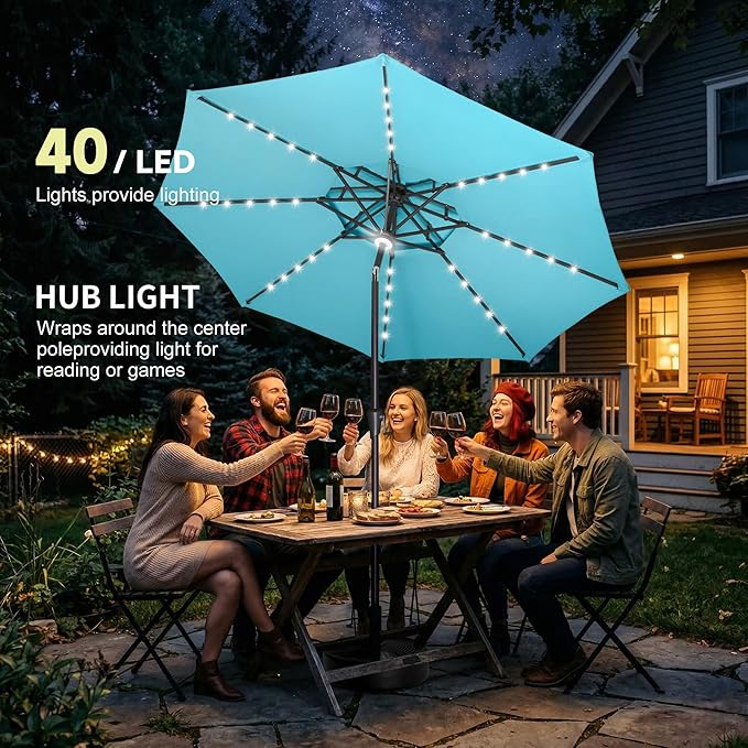 9FT Solar Umbrella Outdoor - 2 Tiers Lighted Solar Patio Umbrella with 40 LED Lights Waterproof UV Protection, Table Umbrella with Tilt for Pool, Porch, Garden, Backyard (Aqua Blue)
