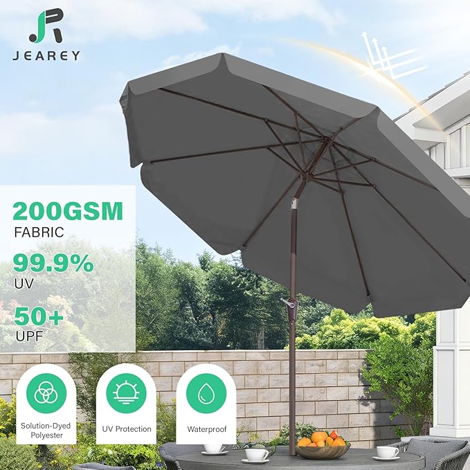 JEAREY 9 FT Patio Umbrella Outdoor, Table Umbrellas Market Umbrella w/Push Button Tilt/Crank, 8 Sturdy Ribs(Gray)