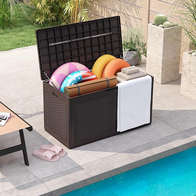 Giantex 100 Gallon Resin Outdoor Storage Box, Waterproof Deck Box w/Lockable Lid & Wheels, Rattan Storage Container Bench for Patio Cushions, Pool Accessories, Gardening Tools, 440 lbs (Brown)