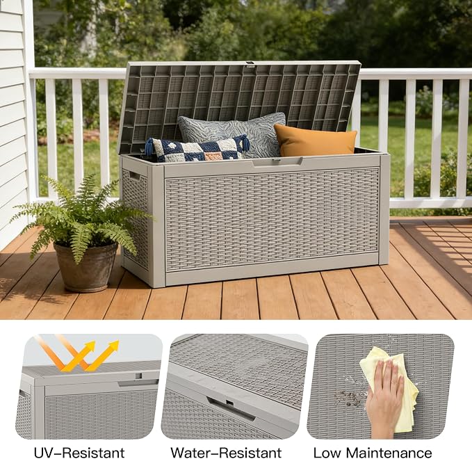 Mars Villa 60 Gallon Deck Box, Outdoor Storage Box Waterproof, Outside Resin Storage Bin for Outdoor Patio Furniture Cushion, Pool Supply, Garden Tool, UV-Resistant and Weatherproof, Rattan Greige