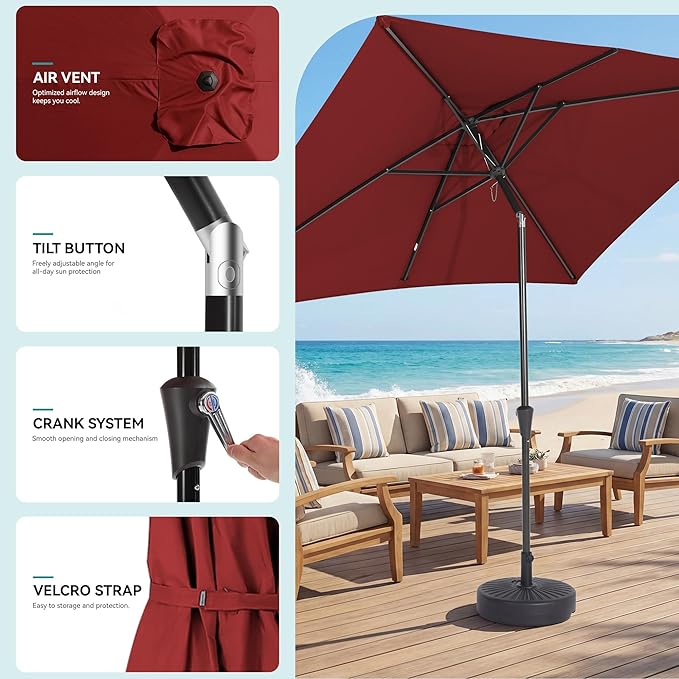 HASLE OUTFITTERS 6.5 x 10 ft Rectangular Patio Umbrella, Outdoor Table Umbrella with Crank & Push Button Tilt, Heavy Duty Ribs, for Patio, Backyard, Garden & Deck, Wine Red