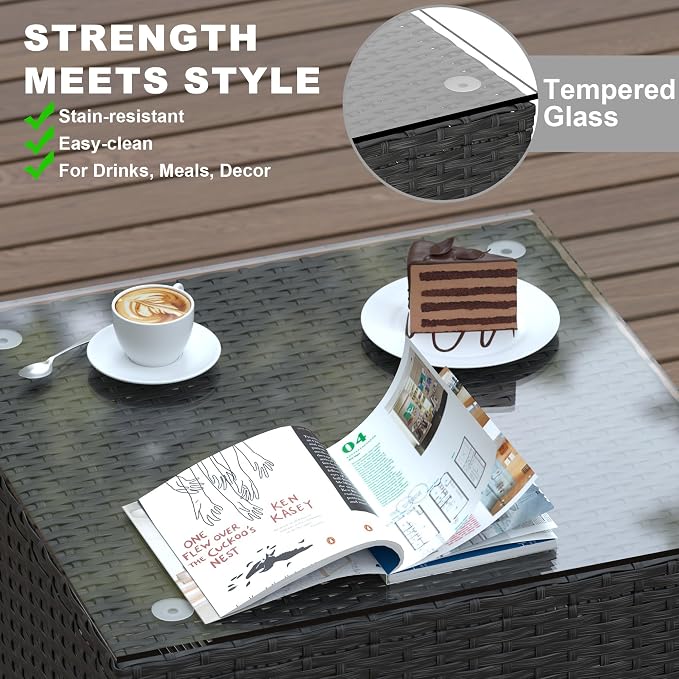 5 Piece Patio Furniture Sets, Outdoor Patio Set Sectional Sofa, All-Weather PE Rattan Couch with Cushion, Glass Table for Gatherings, Parties, Sports Viewing (Gray, 6-Piece Fire Pit Table Set)