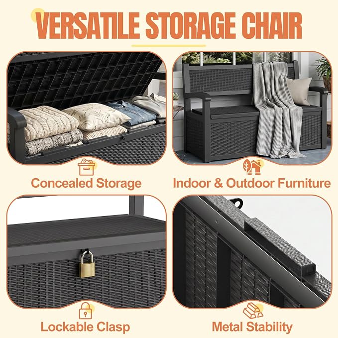 Storage Bench Outdoor Deck Box,100 Gallon Waterproof & UV Resistant Lockable Patio Furniture Seating.Indoor/Outdoor Shoe Storage Cabinet for Garden Cushions,Tools,Patio,Pool Supplies(Black)
