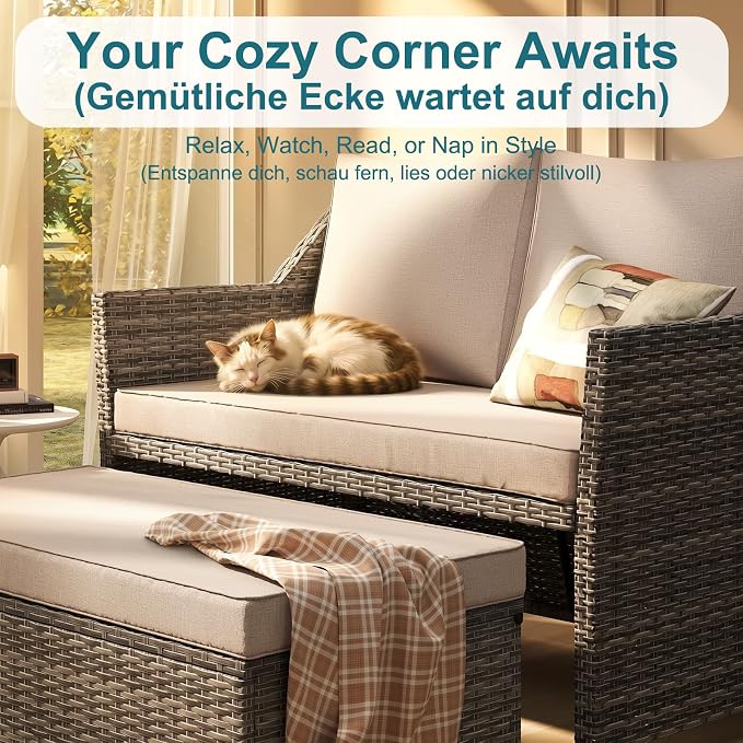 OC Orange-Casual 2-Piece Outdoor Patio Furniture Wicker Love-seat and Coffee Table Set, with Built-in Storage Bin, Grey Rattan, Beige Cushions