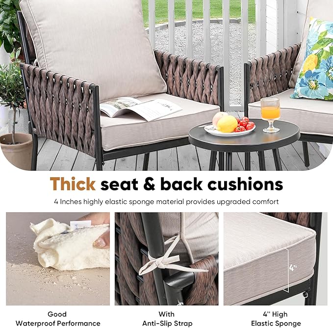 3-Piece Patio Furniture Set, Armchairs with Coffee Table,Modern Wicker Outdoor Conversation Set with Waterproof Thick Cushion for Deck,Backyard,Porch,Beige