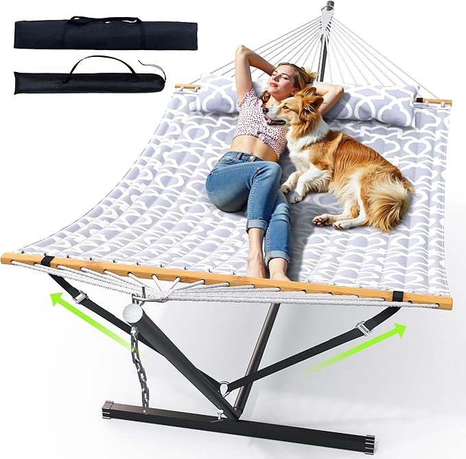 Double Hammock with Stand, Heavy Duty Outdoor Hammock for Two, 500 LBS Capacity, Stable Steel Frame with Balance Strap, Easy Tool-Free Assembly for Patio, Garden, Backyard & Beach,White Grey