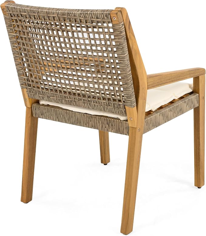 Christopher Knight Home Samma Acacia Wood Outdoor Dining Set for 6, Patio Dining Table Set for 6, Outdoor Dining Table and Sled Base, Dining Chairs with Cushion + Wicker Backrest, Teak+Brown+Cream