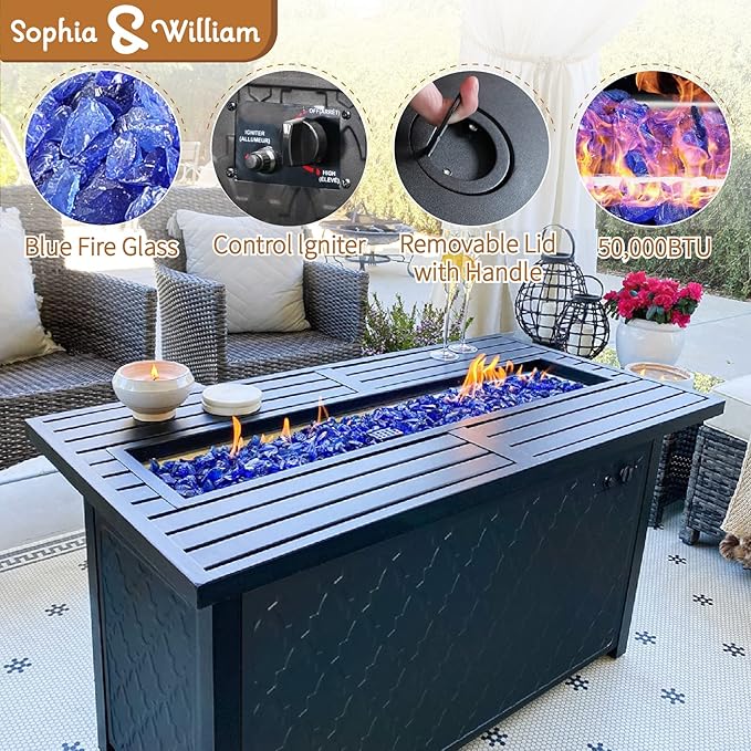 Sophia & William Patio Furniture Sets with 45" Gas Fire Pit Table Outdoor Metal Conversation Sets for 5, 2 x Swivel Cushioned Patio Sofa Chairs, 1 x 3-Seat Sofa 4 Pieces for Lawn Backyard Grey