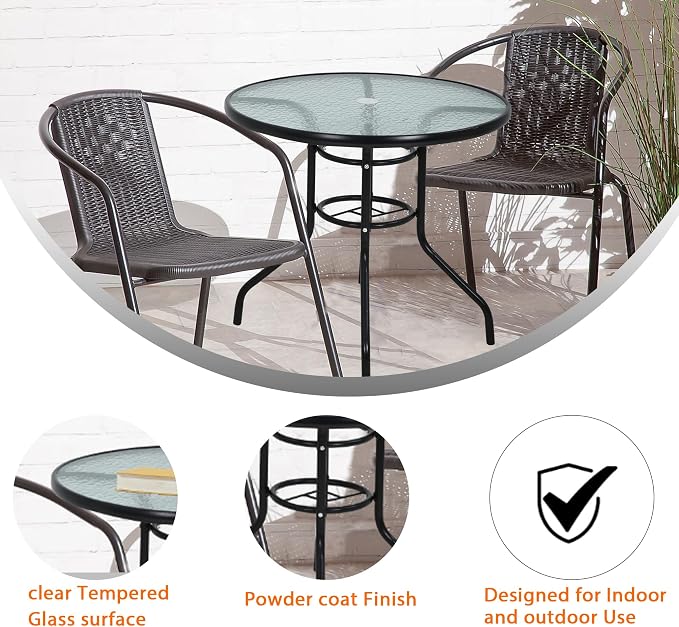32" Patio Table with with Umbrella Hole, Round Outdoor Dining Table Bistro Table with Glass Table Top, All Weather Small Outdoor Table for Pool, Lawn, Backyard, Balcony