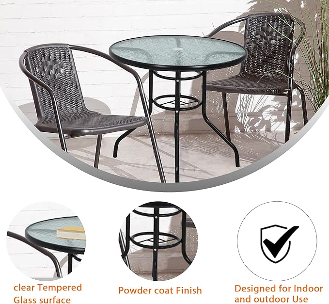 Round Patio Table with Umbrella Hole, Patio Dining Table Glass Patio Table, Glass Metal Table Dining Furniture for Lawn Balcony, Yard(Round)