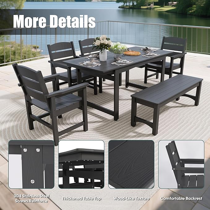 6 Piece Patio Dining Set,Patio Furniture Set for 6,Outdoor Table and Chairs with Umbrella Hole,All-Weather 67” Rectangular Dining Table with Non-Slip Mat for Garden,Poolside,Backyard,Black