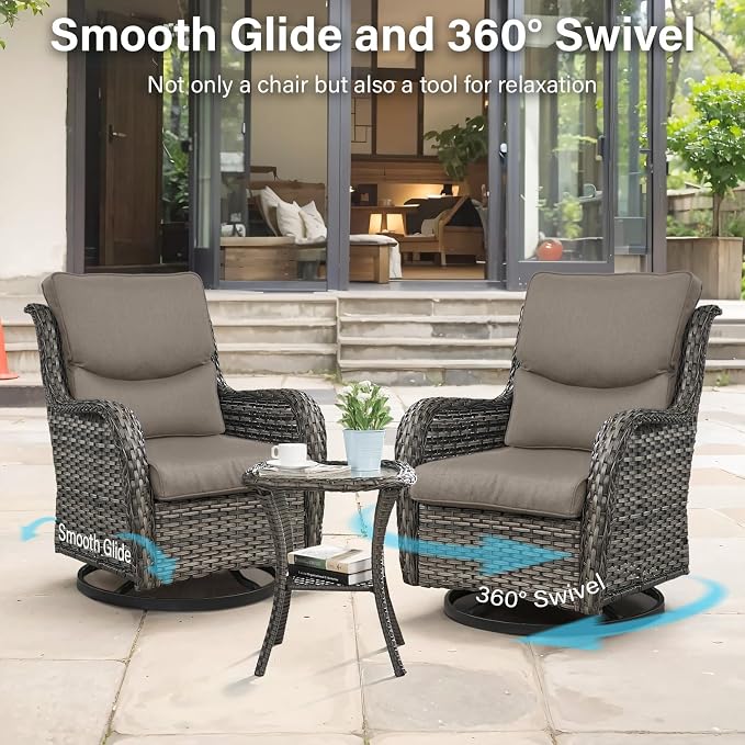 Outdoor Swivel Rocker Patio Chairs with 5" Thick Cushion - 3 Piece Wicker Bistro Set with Side Table, High Back Comfty Outdoor Glider Chairs for Balcony, Porch, Deck, Poolside - Gray/Gray