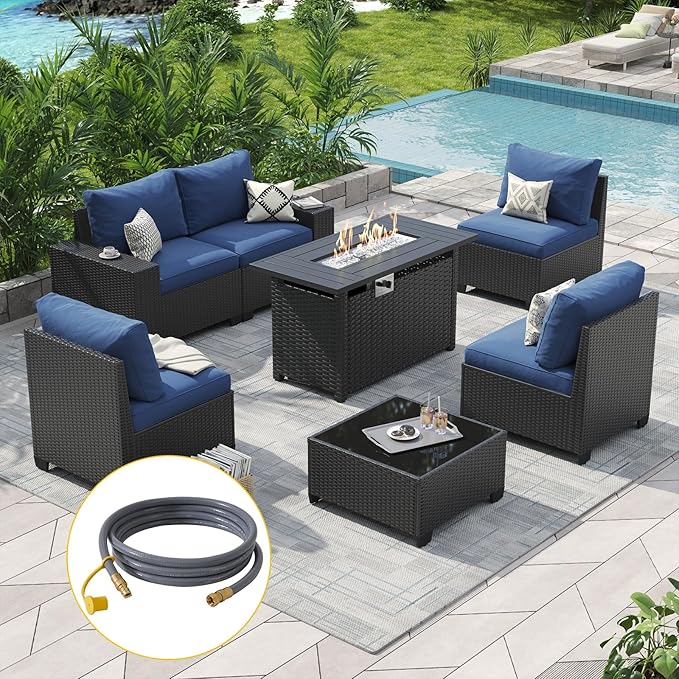 Aoxun Outdoor Furniture with 44'' Fire Pit, 7 Pcs Outdoor Patio Furniture Sets with 4in Thicken Cushion, Widen Armrests Wicker Outdoor Sectional for Backyard (Gas Converter Include)