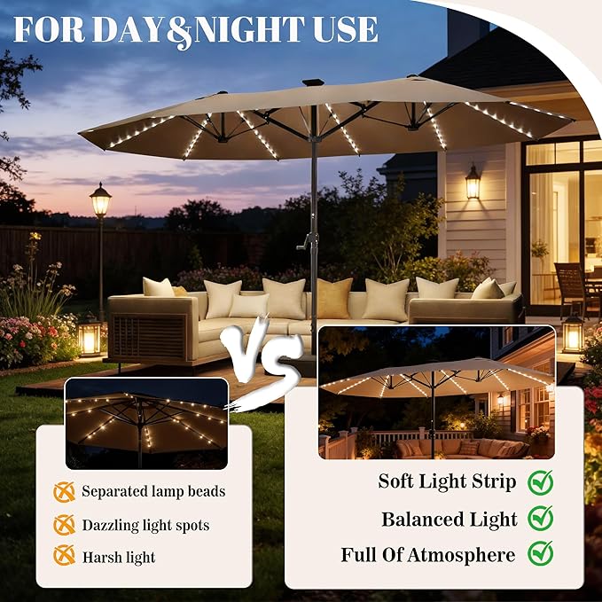 GDPFN 15ft Rectangular Patio Umbrella with Solar LED Lights, Double-Sided Outdoor Market Umbrella with Base Included, Extra Large Shade for Pool, Deck, Backyard, Garden, Beige
