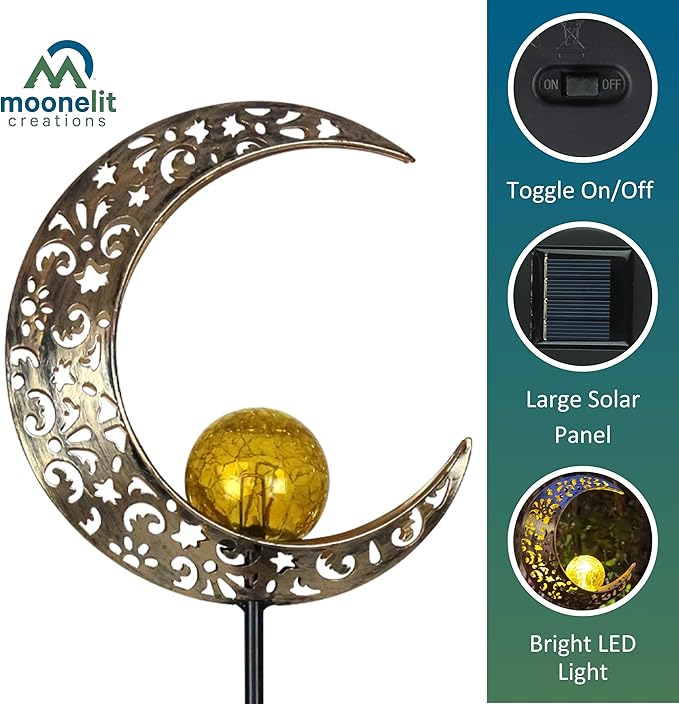 MCSSMOON Solar LED Crescent Moon Garden Light – Waterproof Metal Stake with Crackled Glass Globe