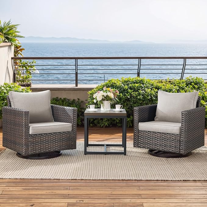 Rilyson Outdoor Patio Swivel Rocker Chairs - 3 Piece Wicker Patio Furniture Bistro Swivel Rocking Chairs Set with Comfortable Cushions,Sturdy Metal Frame and Side Table for Porch Deck(Brown/Beige)