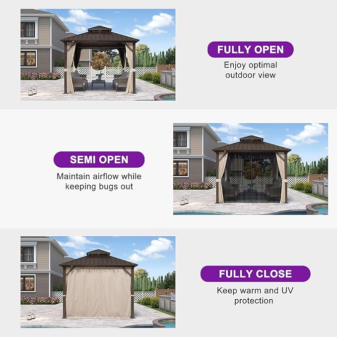 PURPLE LEAF 10’ X 10’ Outdoor Hardtop Gazebo Metal Frame Galvanized Steel Double Roof with Curtains and Nettings for Patio Desk Backyard Bronze