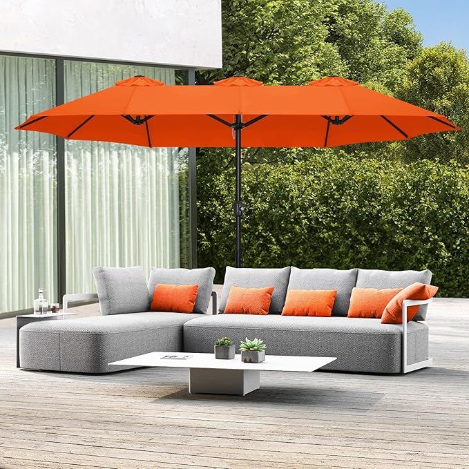 ABCCANOPY 15FT Patio Umbrella with Base, Outdoor Double-Sided Rectangle Umbrella Bonus Latch, Wights for Poolside, Lawn, Backyard (Orange)