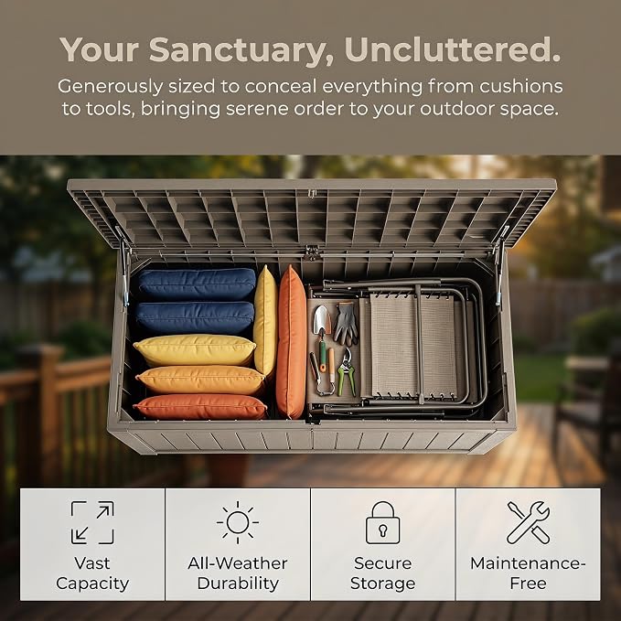 182 Gallon Outdoor Deck Storage Box, Large Waterproof Resin Patio Storage Box, Lockable Bench Seat Holds 2 Adults, for Garden Tools, Cushions & Pool Floats, UV & Rust Resistant, Gray Brown