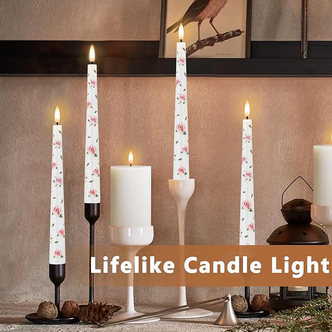 Rose Flameless Taper Candles, 9.6" Real Wax LED Candles with Remote, 3 Pack Flickering Battery Operated Candlesticks for Proposal Wedding Anniversary Romantic Night