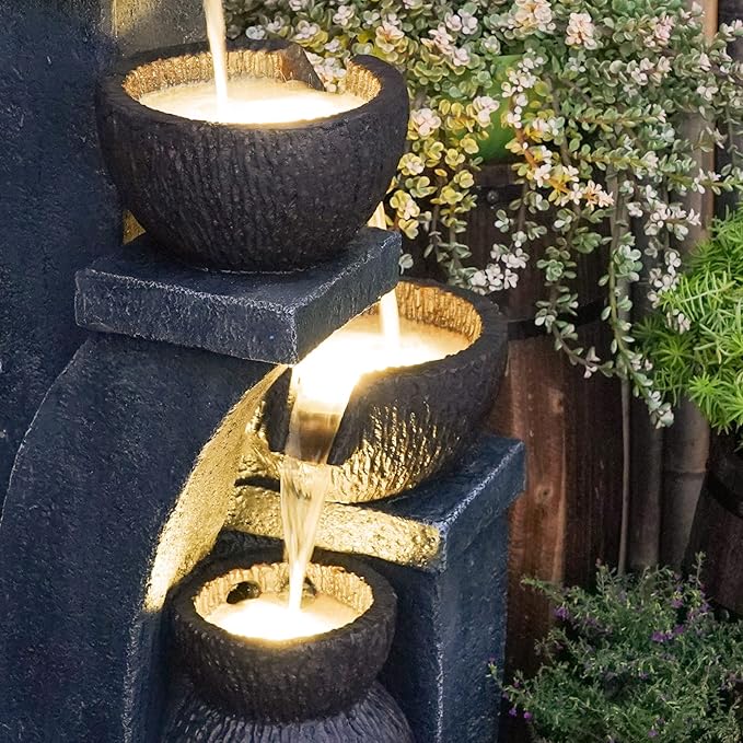Supmix 37.4'' H Outdoor Water Fountain with LED Lights 4-Tier Cascading Bowl Floor Fountain Modern Freestanding Water Feature for Garden Patio Backyard Deck Indoor Home Decor