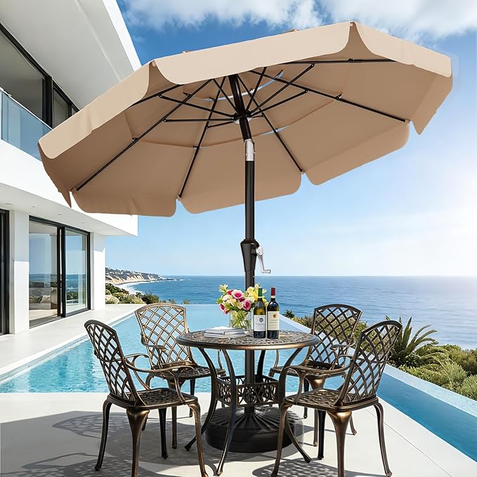 AreShark 9FT 3-Tiers Patio Umbrella with Valance, Outdoor Umbrellas with Crank/Tilt, Table Market Umbrella Vented w/ 8 Sturdy Ribs for Garden, Deck, Backyard, and Pool, Beige
