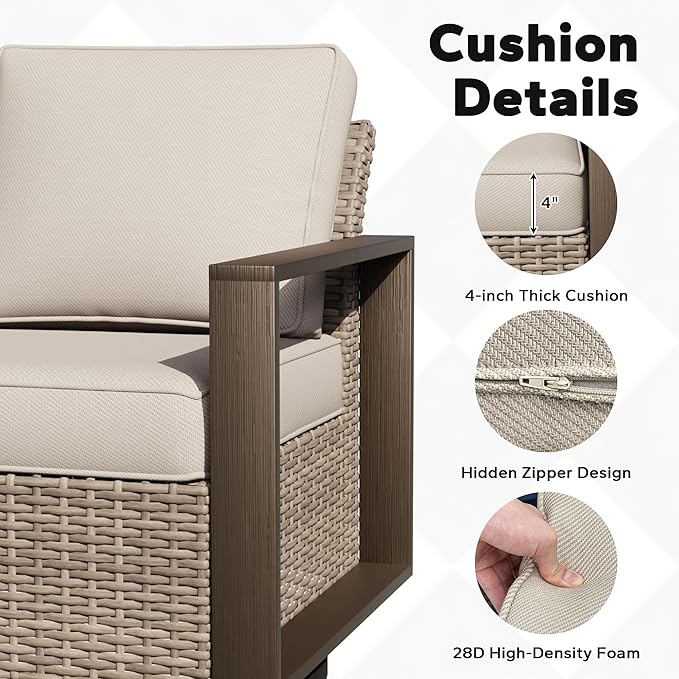 Outdoor Patio Swivel Rocker Chairs, 7 Pieces Wicker Furniture Set, 4 Swivel Rocking Chairs, 1 Sofa and 2 Ottoman, Metal Wide Armrest, Thick Cushions and Deep Seating for Garden, Backyard, Porch, Deck