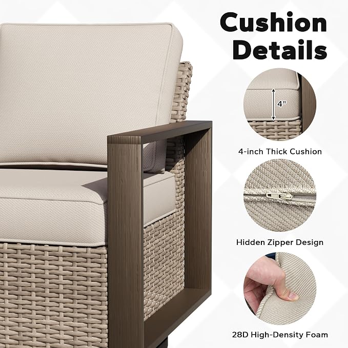 Joyside Outdoor Patio Swivel Rocker Chairs, 3 Pieces Wicker Furniture Set, 2 Swivel Rocking Chairs and 1 Table, Metal Wide Armrest, Thick Cushions and Deep Seating for Garden, Backyard, Porch, Deck