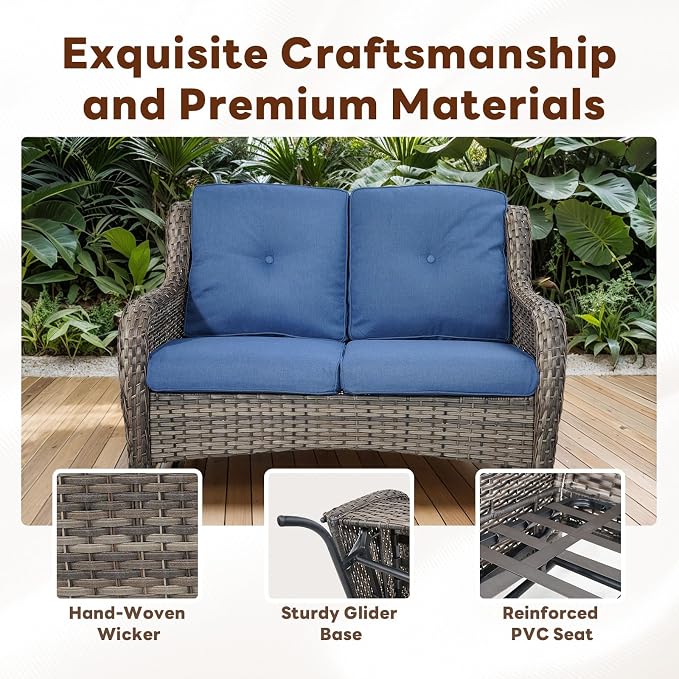 Belord 4 Piece Patio Wicker Furniture Set, Outdoor Swivel Rocker Chairs, All Weather Outdoor Patio Loveseat with Cushion and Coffee Table for Deck Porch, Gray Wicker/Blue