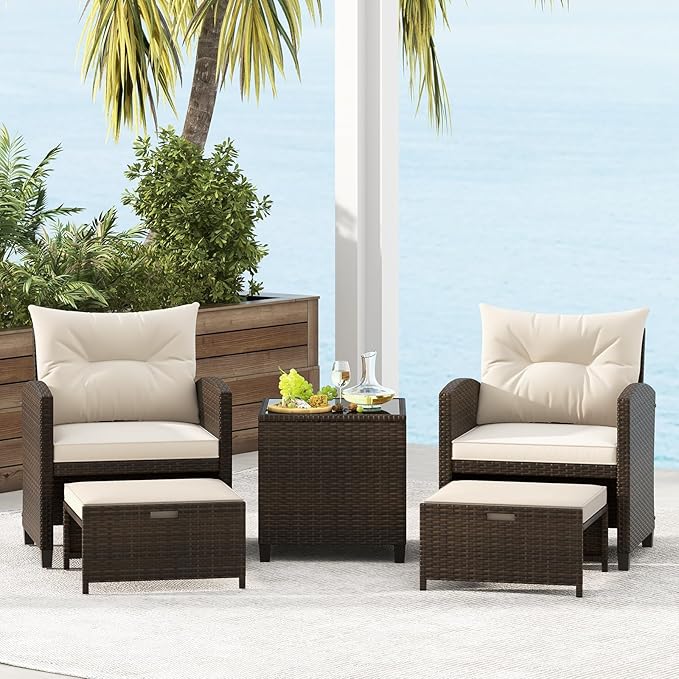 KOTEK 5 Pieces Patio Furniture Set with Ottomans, Wicker Patio Conversation Set with Coffee Table & Cushions, PE Rattan Outdoor Lounge Chairs for Backyard, Porch, Poolside (Mix Brown- Off White)