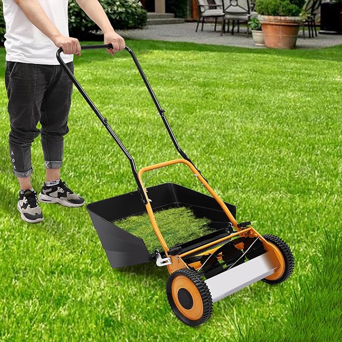 16 Inch Push Reel Lawn Mower, 2 in 1 Lawn Mower 5-Blade Manual Push Lawn Mower with Grass Catcher, Adjustable Cutting Height Wheeled Lawn Mower for Grassland Woodland Gardens