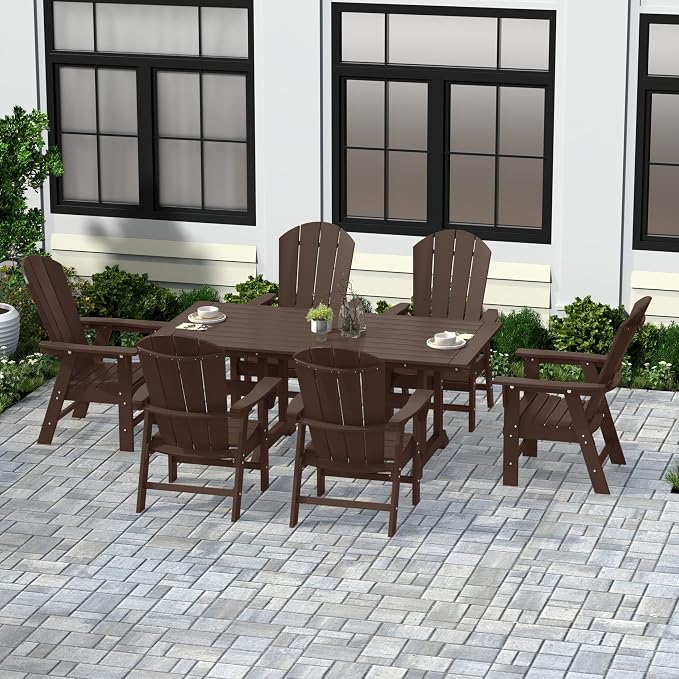 WestinTrends Malibu 7 Piece Adirondack Outdoor Dining Set, All Weather Poly Lumber Patio Table and Chairs Furniture Set, 71" Trestle Dining Table and 6 Adirondack Dining Chair, Dark Brown