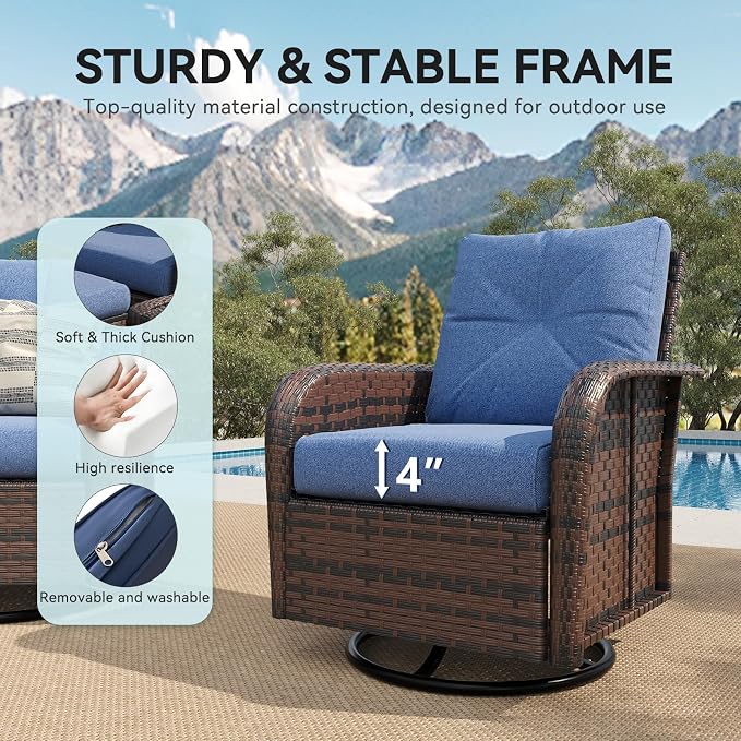 LazySunsets 9 Piece Outdoor Patio Furniture Set with Coffee Table, Wicker Rattan Outdoor Furniture with High Back Swivel Rocker Chairs, Outdoor Conversation Set with Thick Cushion & Ottoman, Navy Blue