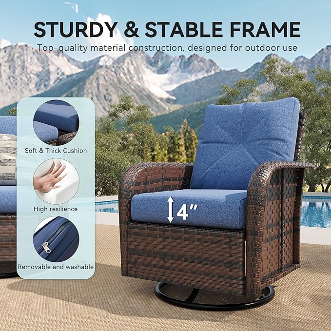 LazySunsets 7 Piece Outdoor Patio Furniture Set with 44'' Fire Pit Table, Wicker Rattan Outdoor Furniture with High Back Swivel Rocker Chairs, Outdoor Sofa Set with Thick Cushions, Navy Blue