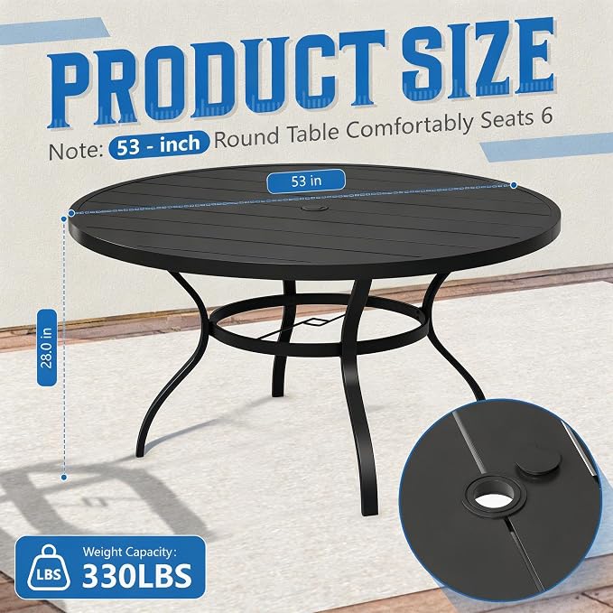 SUNCROWN 53 Inch Round Outdoor Patio Dining Table, All Weather Black Metal Steel Slat Table with 1.5" Umbrella Hole, Weather Resistant Outside Furniture for Lawn Garden Backyard Porch