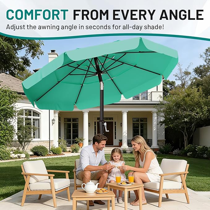 AreShark 9FT 3-Tiers Patio Umbrella with Valance, Outdoor Umbrellas with Crank/Tilt, Table Market Umbrella Vented w/ 8 Sturdy Ribs for Garden, Deck, Backyard, and Pool, Aqua Sky